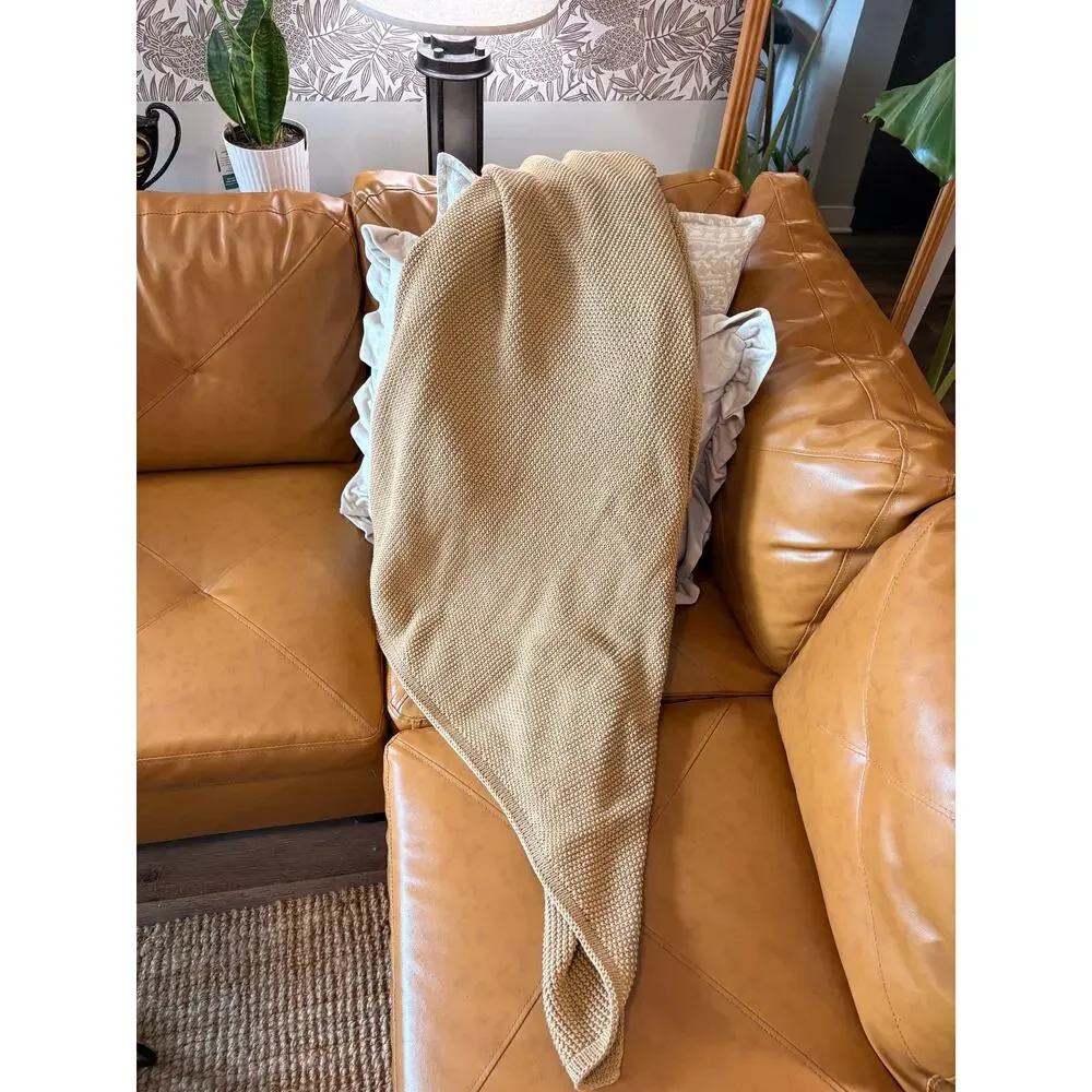 Vintage Chunky Knit Throw Blanket 62x54 Camel Tan Heavy Garter Knit Neutral